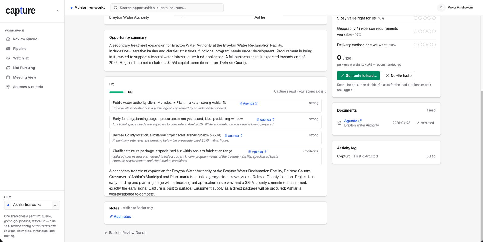 A fit score of 88 with four factors beneath it, each naming its reason, rated strong or moderate, linking the agenda it came from and quoting the passage.