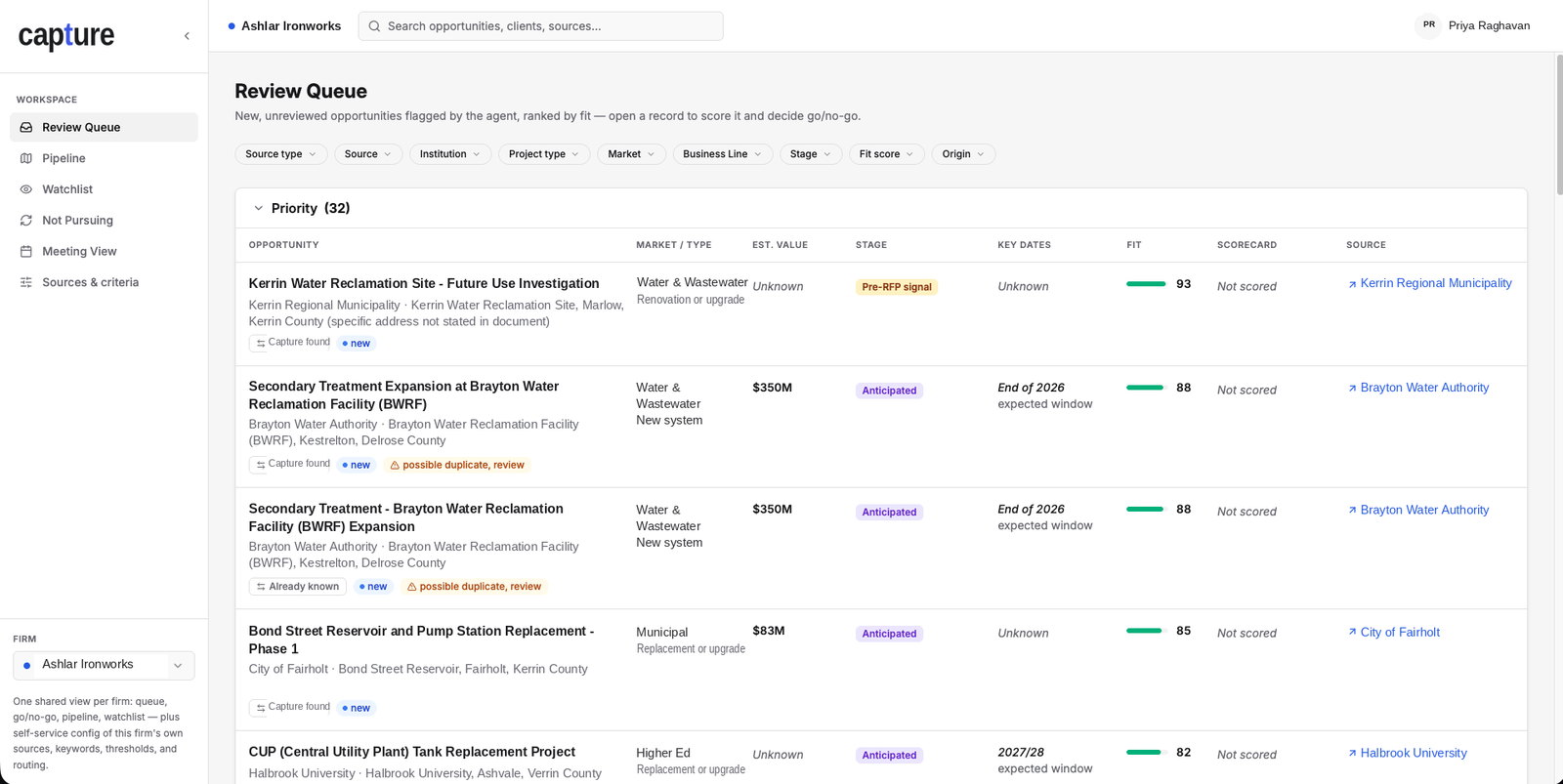 The Review Queue: new opportunities under Priority, each row with market, estimated value, stage, key dates, a fit score and its source.